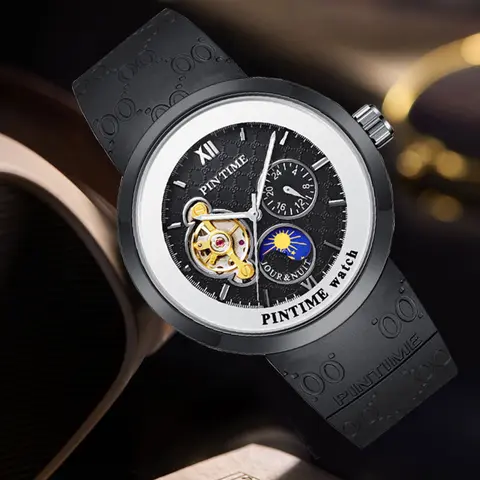 PINTIME Ny helautomatisk mekanisk klocka med ihålig tourbillon-design Moderiktig affärsstil för män mekanisk klocka 8 best sales Pintime-klocka för män - №5