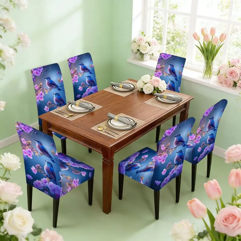 Flat print elastic dining chair cover set Two blue wings, blue chest, bird's seat pink flower branch pattern, chair cover