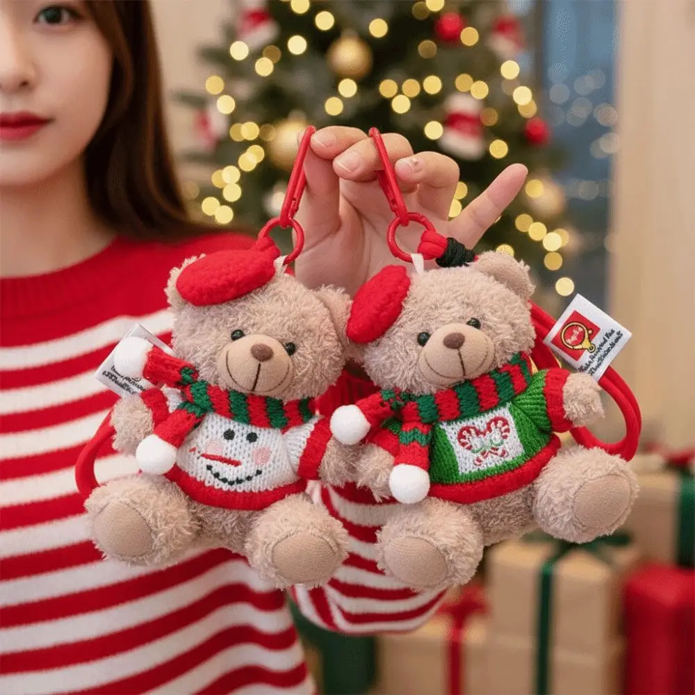 Red Beret Plush Bear Keychain Knitted Sweater Mini Size Christmas Bear Pendant Durable Creative Design Xmas Tree Bauble