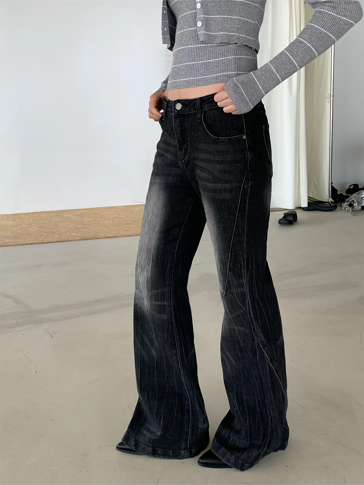 

Ambosc Spring Bla, облегающие джинсы с талией, универсальные утягивающие расклешенные брюки с высокой талией, повседневные износостойкие джинсы-стойка