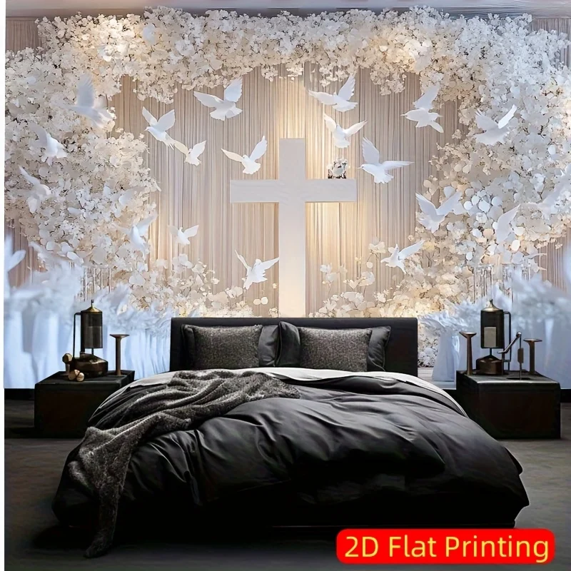 Sacred Cross Dove Floral Wall Tapestry Wedding Backdrop Hanging Decoration Spiritual Ceremony Event Home Decor Wallpaper