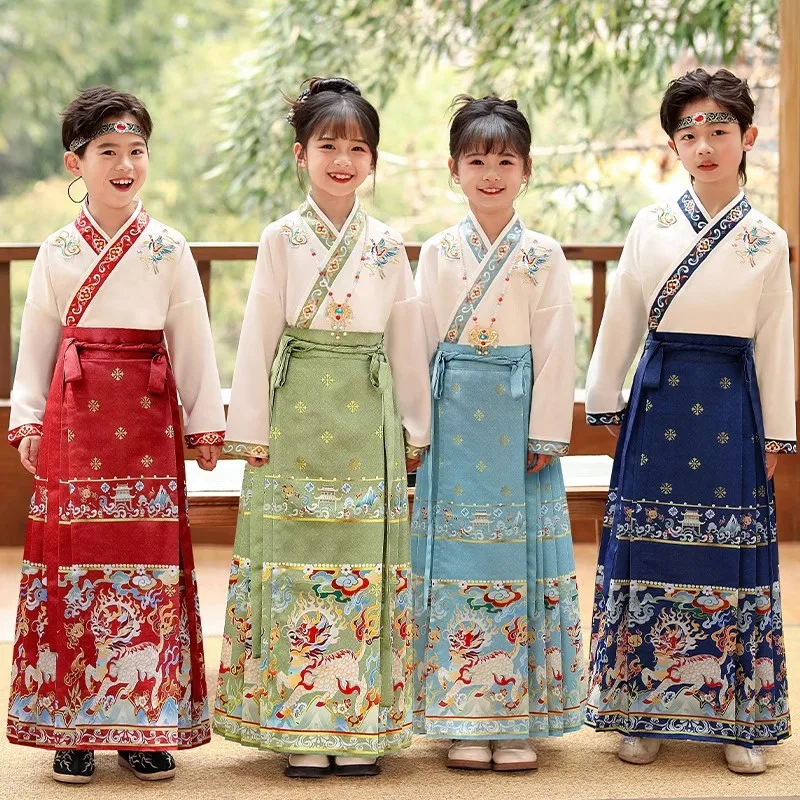 

Long Sleeve Children's Sets Stage Two Piece Set Boys Outfit Hanfu Tops Horse-face Skirt Girls Suit Tang Costume Kids Clothes