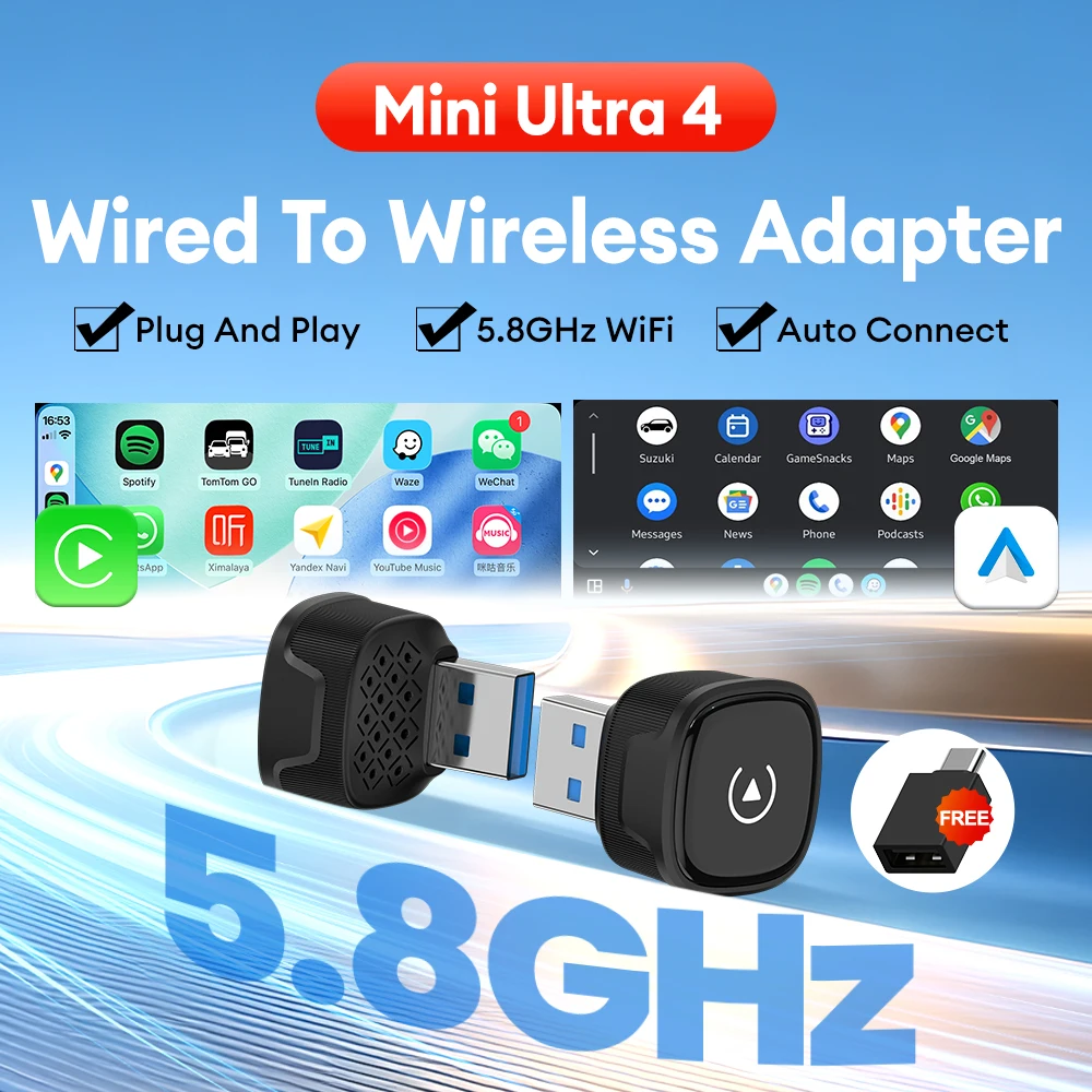 Mini Ultra 4 Original 5.0 Wireless Adapter Wireless CarPlay Android Auto For OEM Car Plug & Play WiFi Bluetooth Auto Connection