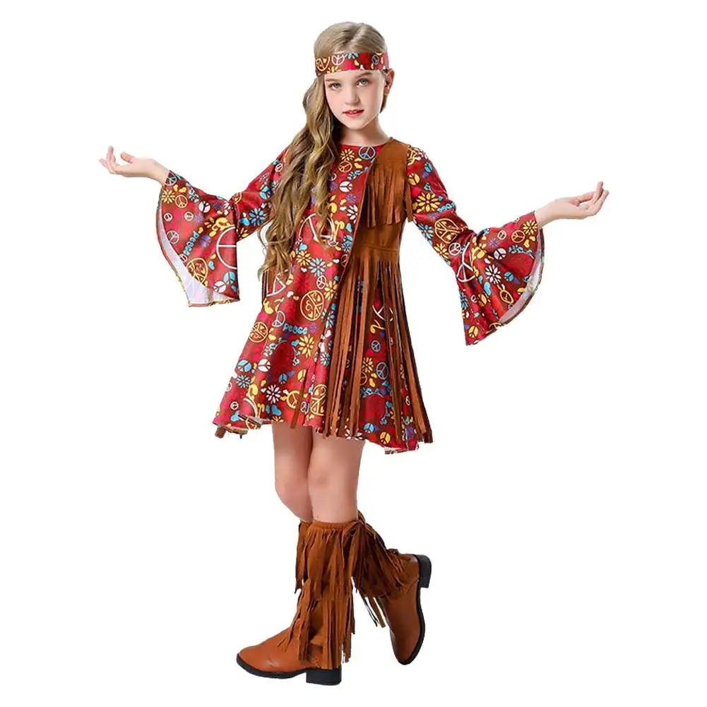 Cos Hippie Cosplay Costume para Crianças, Vestidos De Fantasia, Headgears, Acessórios De Halloween, Terno De Carnaval, Roupas De Meninas