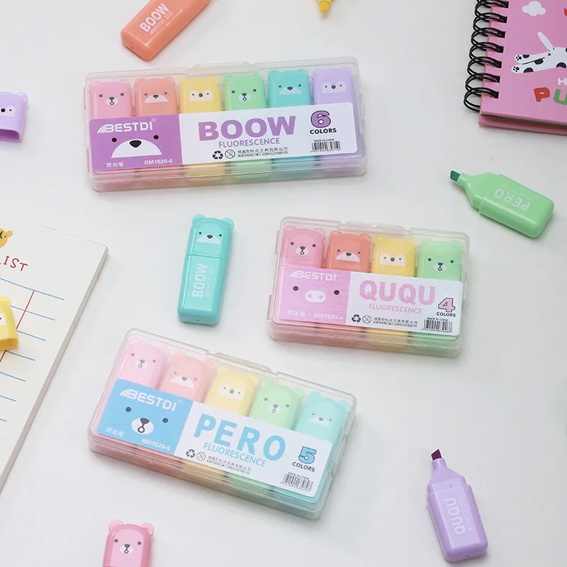 4‑6Pcs Kawaii Mini Bear Shaped Highlighter Pen Set, Cute Funny Colored Fluorescent Marker Pens, Student Journal Stationery