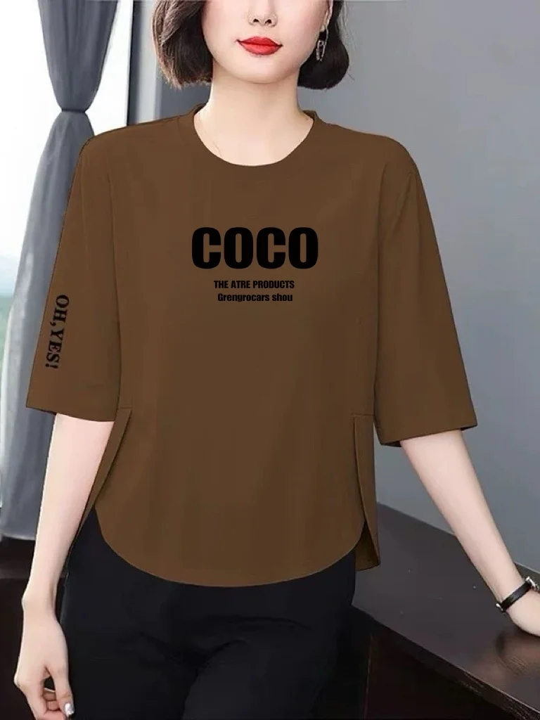 

Элегантная повседневная женская футболка с рукавом три четверти, летняя, свободного кроя, стройнящая, скрывающая недостатки фигуры, модная, молодежная, универсальная, для среднего возраста.