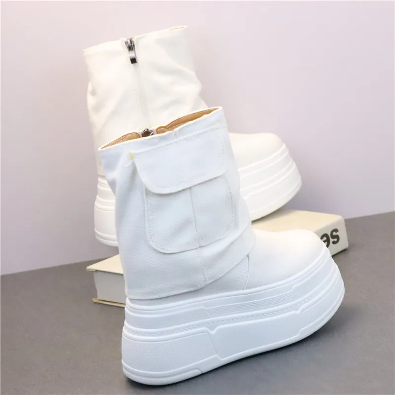 حذاء قماش أبيض عالي القطع للنساء بكعب مخفي 12 سم، حذاء قصير كاجوال للطلاب بتصميم عصري