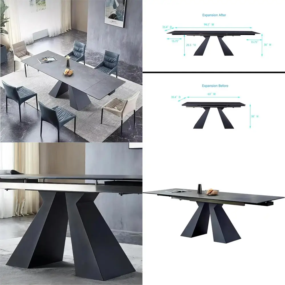 

Expandable Dining Table for 8-12 People, Adjustable Size, Rock Slate and Tempered Glass Top, Strong Carbon Steel Base