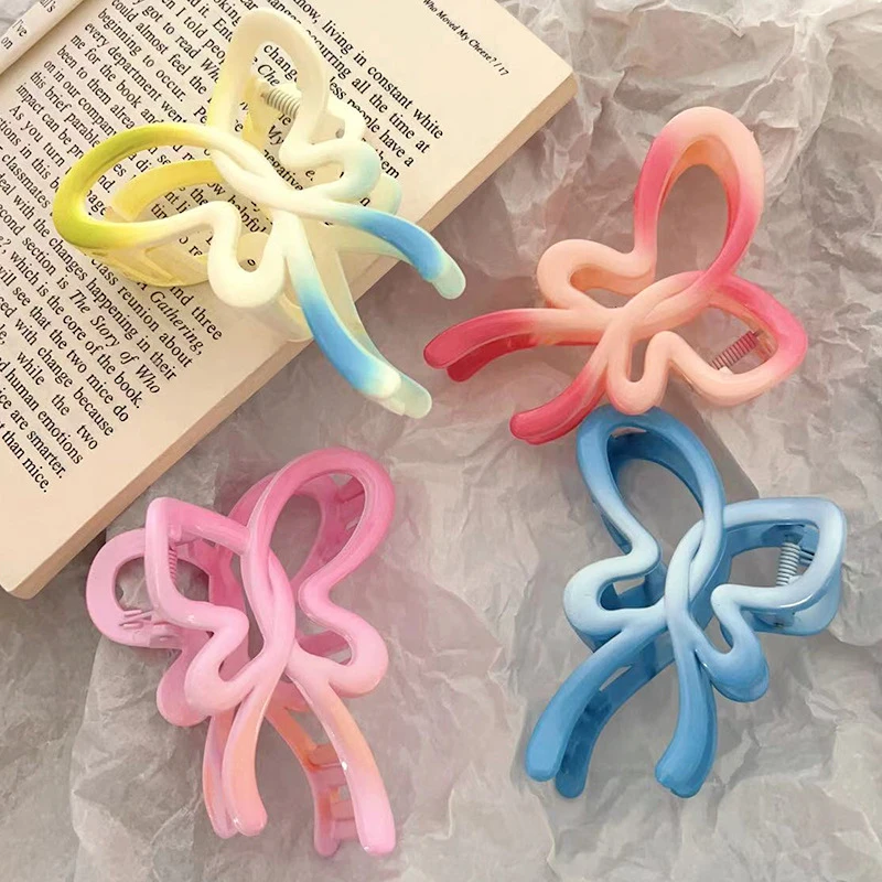女性用プラスチックバタフライヘアクリップ,グラデーションカラー,リボン,カニヘアクリップ,ポニーテール,ヘアピン,帽子アクセサリー,ギフト