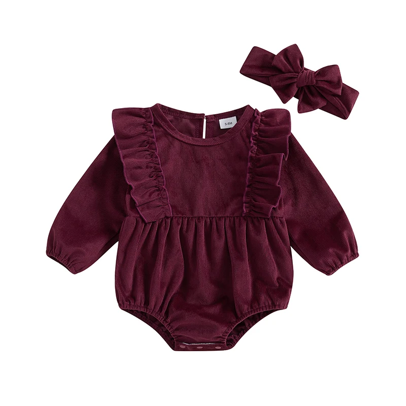 2-Piece Baby Girls Velvet Set Ruffled Trim Long Sleeve Round Neck Romper Headband Adorable Outfits