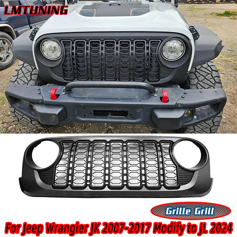

Front Grille fits for Jeep Wrangler JK 2007-2017 Modify to JL 2024 Look Mate Blk Car Front Grille Bumper Mesh Grid Accessories
