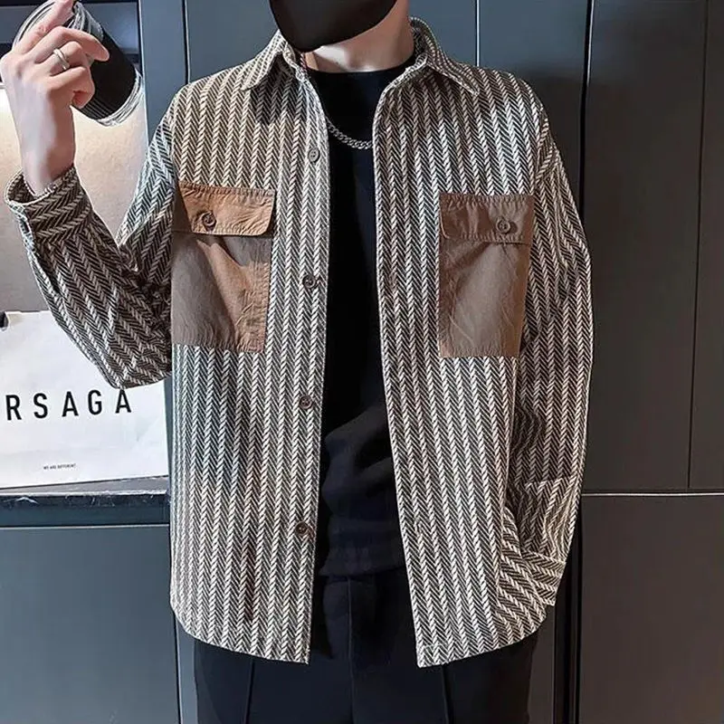 

Striped Casual Jacket For Men Daily Wear Loose Fit With Pockets Spring And Autumn Fashion Design
