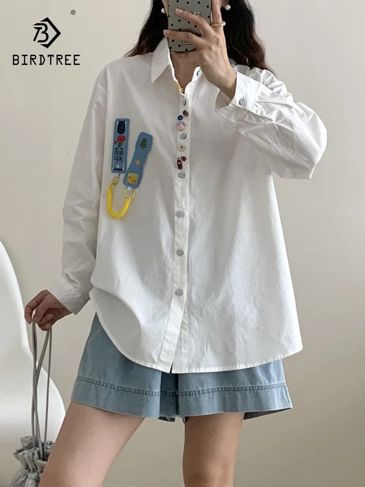

New 2025 Autumn Cotton Long Sleeve Shirt, Women Turn-down Collar Cute Buttons, Mori Girl Sweet Patchwork Loose Blouse T59182CC