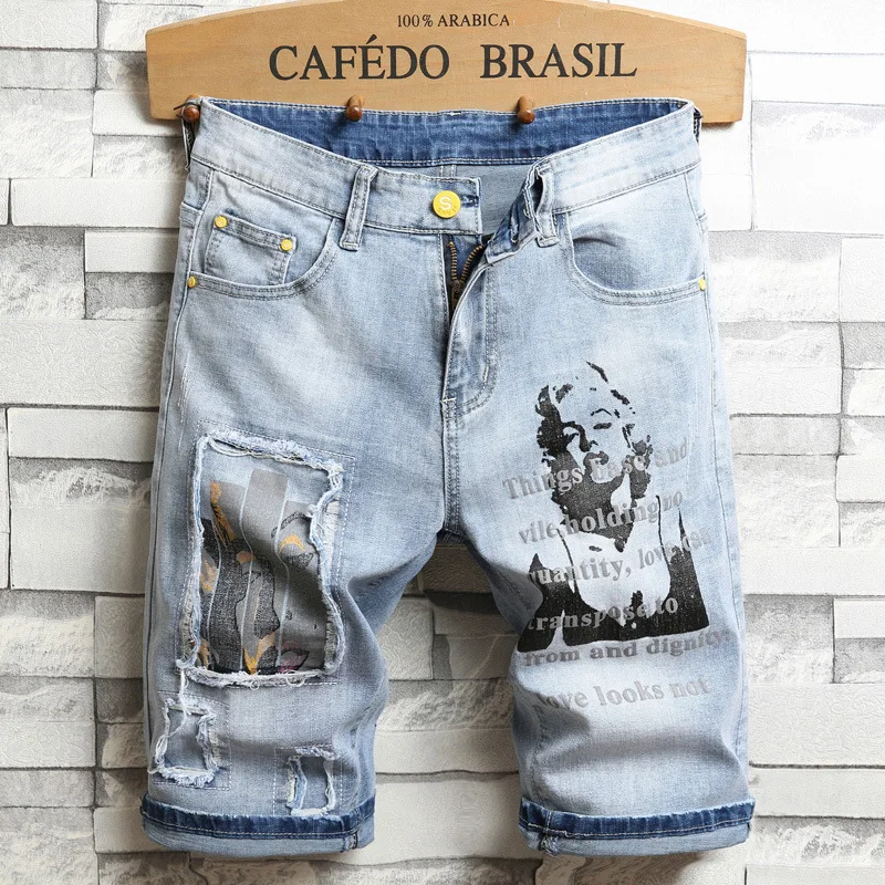 New Summer Men Light Blue Printed Denim Shorts Quality Male Straight Fit Personalized Short Jeans Man Elastic Knee Length Jeans