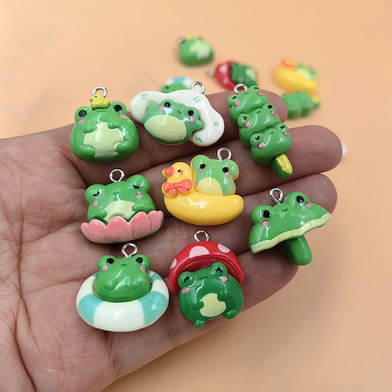 10pcs Kawaii Animals Green Mushroom Frog Charms for Jewelry Making Findings Resin Charm Pendants Flatback Diy Earrings C884