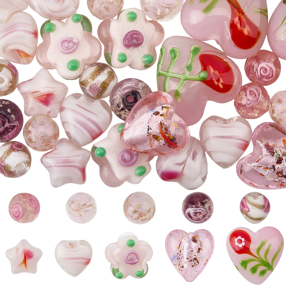 40pcs 10 Styles Pink Lampwork Beads Heart Star Flower Round Handmade Millefiori Glass Opaque Floral Loose Spacer Bead Charm Bulk