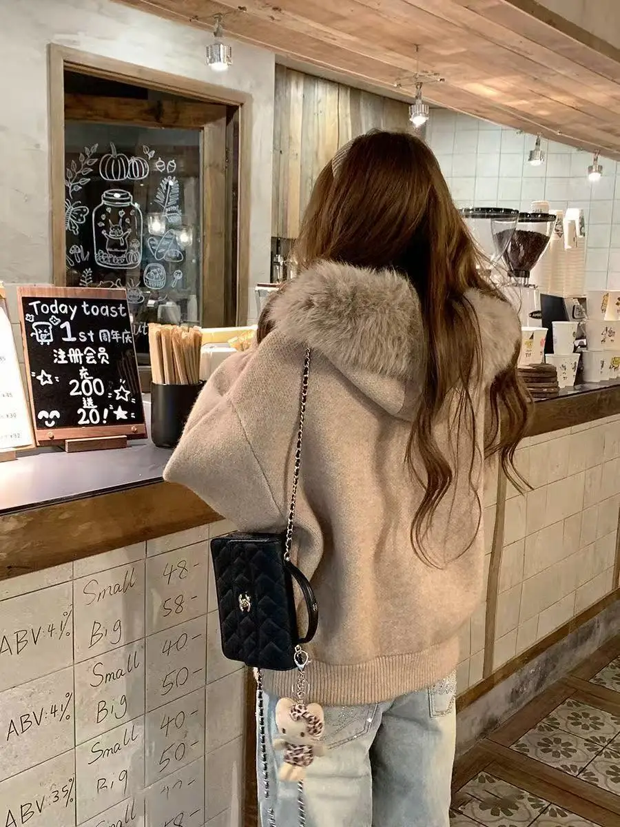

High-end Textured Fur-collar Knitted Cardigan Jacket for Women, New Autumn and Winter Style, Loose and Lazy-fit Zip-up Sweater