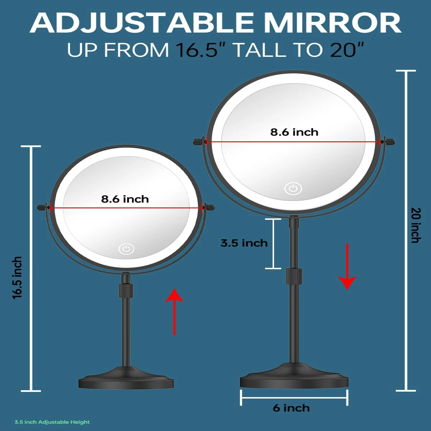 Adjustable Height Chrome Finish Lighted Vanity Mirror with 1X/10X Magnification, Dimmable Brightness, Rechargeable 5000mAh LED L