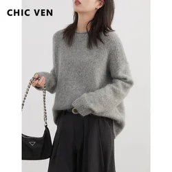CHIC VEN Women Sweaters Loose Solid Round Neck Curly Edge Female Pullovers Soft Knit Jumpers Female Top Autumn Winter 2024