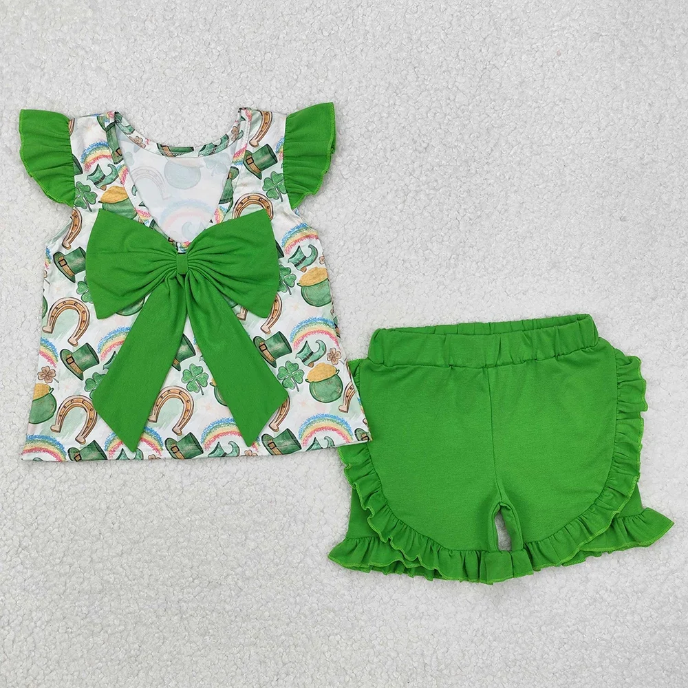 Hot Sale Baby Girls Clothes St Patrick Day Qautrefoil Bow Tunic Tops Shorts Sets Boutique Kids Sibling Clothing Boys Outfits New