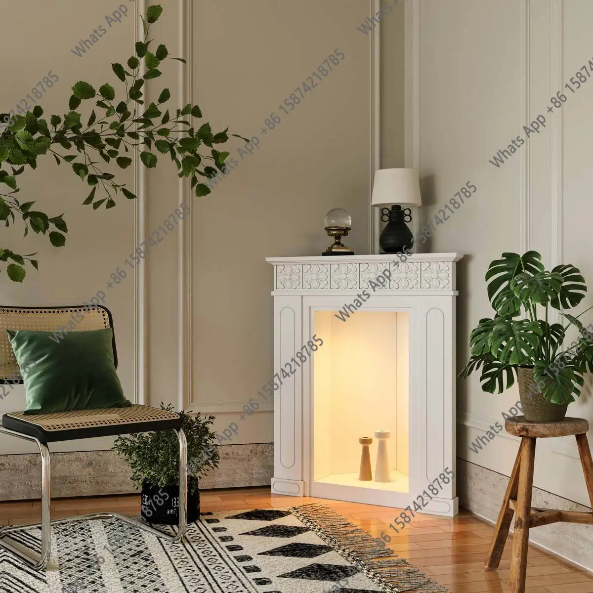 triangle with light carved fireplace cabinet,  entrance corner side cabinet, decorative corner cabinet against the wall