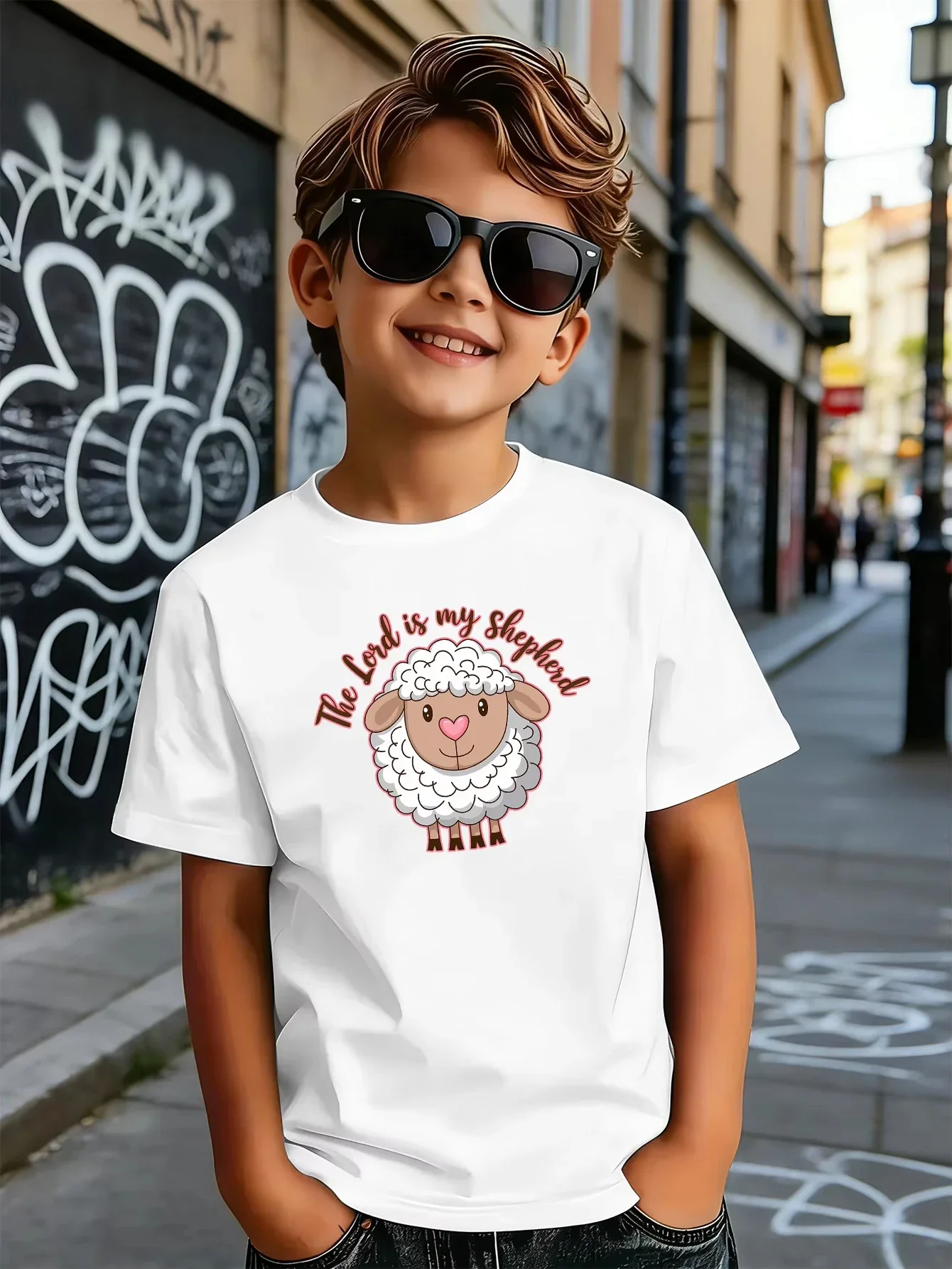 Children Inspirational Faith T Shirt Cute Fluffy Sheep The Lord is my Shepherd Graphic Short Sleeve Tee Shirt