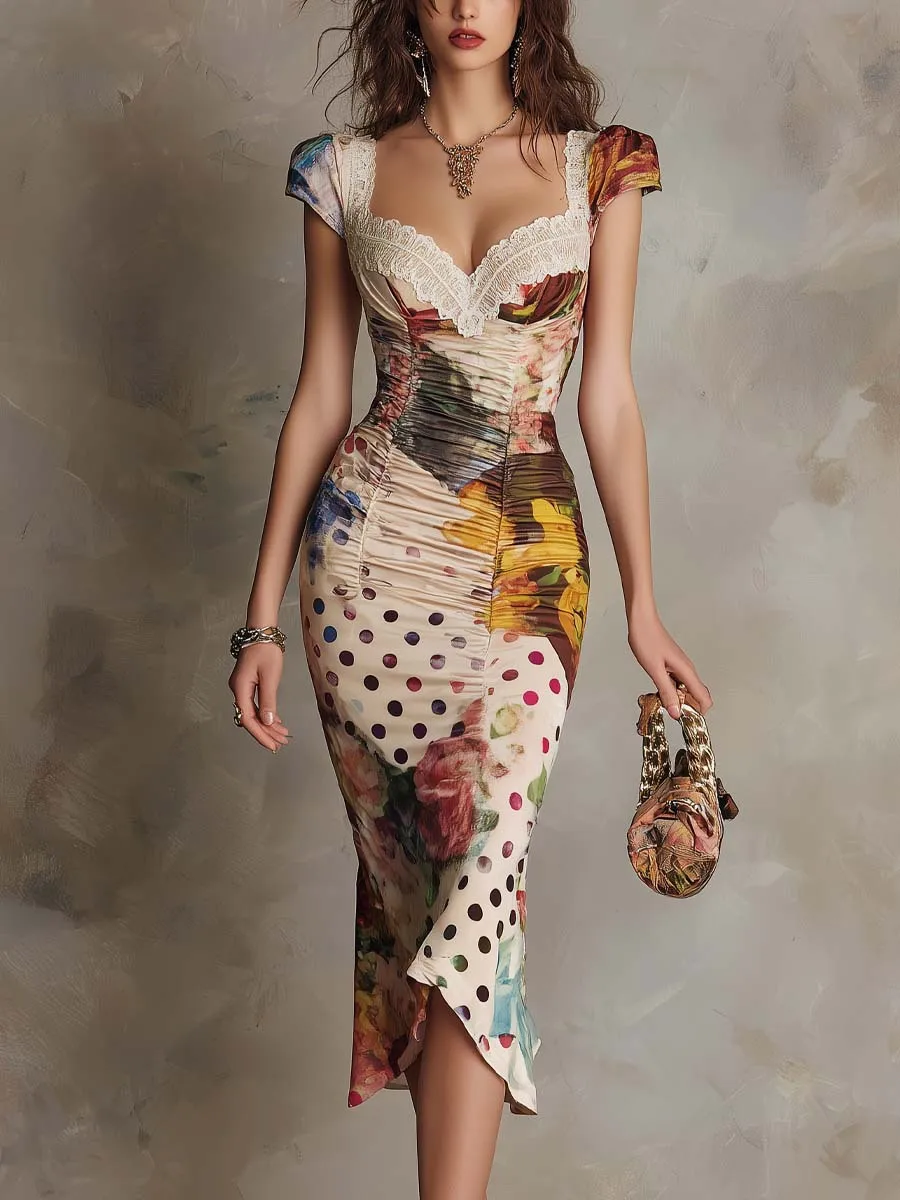 Damenmode-Kleid mit Blumenmuster und Punktdruck, herzförmiger Ausschnitt, Spitzenbesatz, kurze Ärmel, gerüscht, figurbetont, elegantes Party-Cocktailkleid