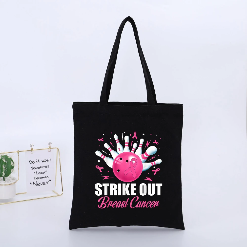 Bowling Graphic Canvas Tote Bag with Pink Ribbon Print, Casual Style for Daily Shopping and Awareness Events