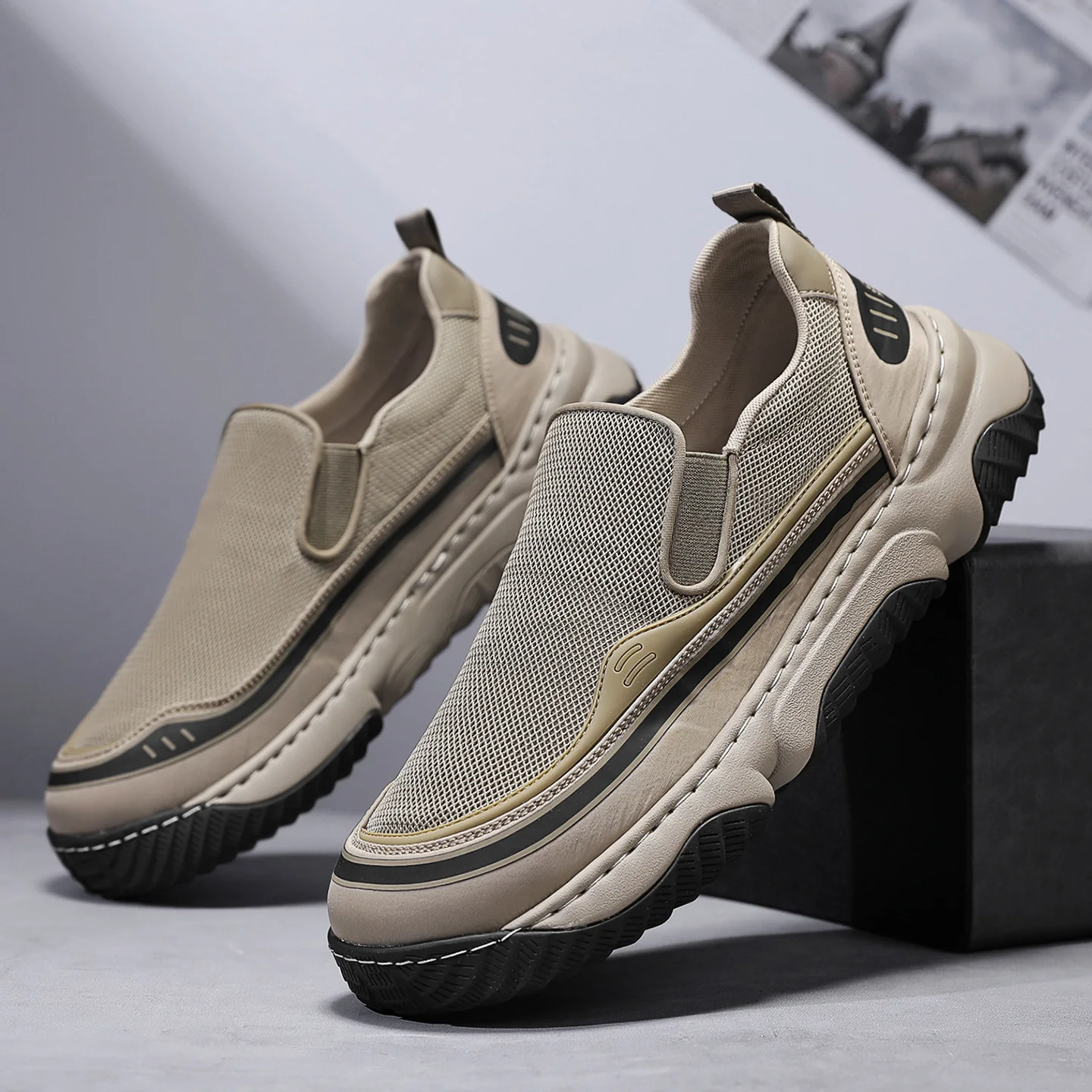 

Мужская повседневная обувь, лето 2024, сетчатые дышащие кроссовки на платформе, модные удобные вулканизированные туфли без шнуровки, увеличивающие рост
