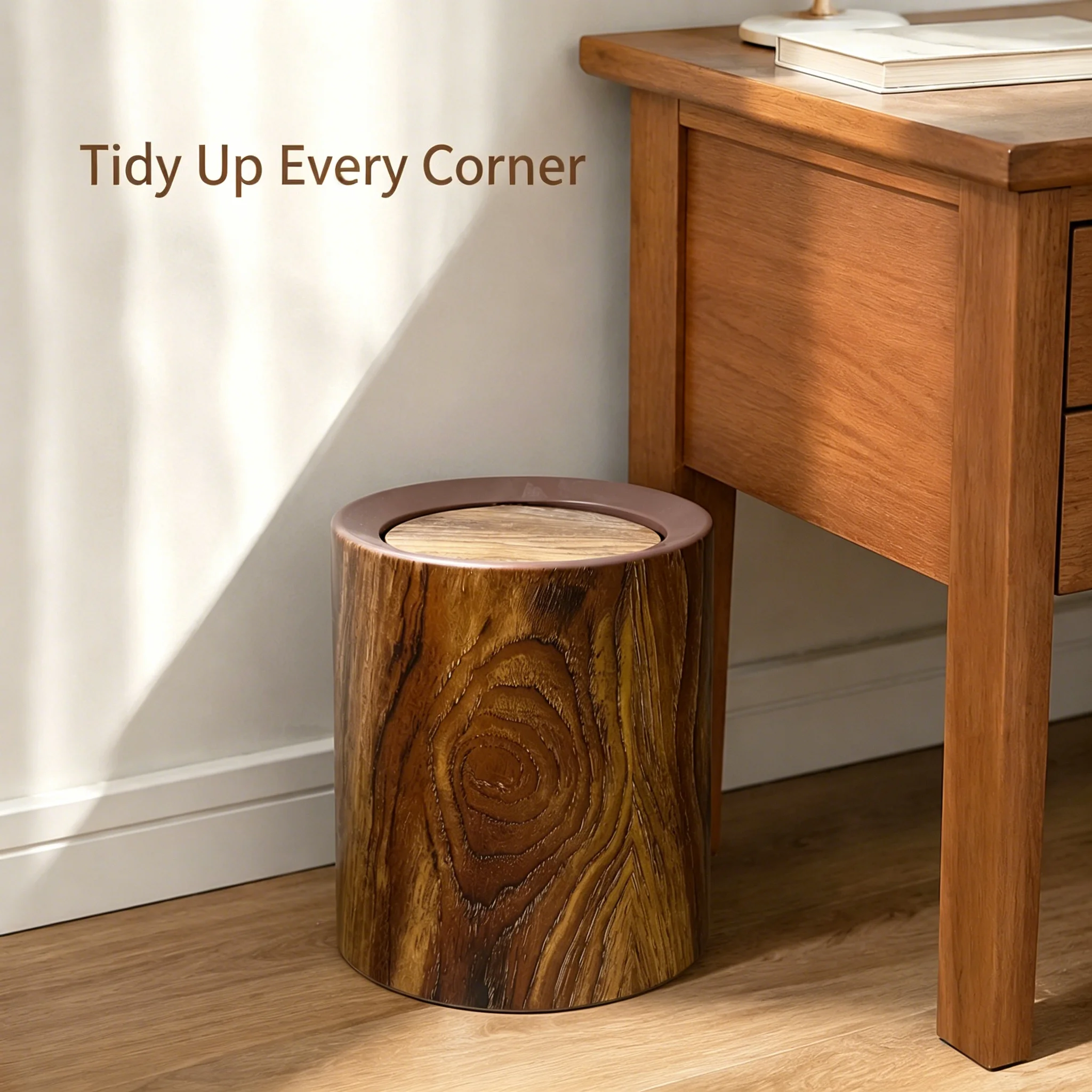 Wood‑Grain Swing Lid Trash Can, Plastic Round Waste Bin with Removable Inner Bucket, Decorative Garbage Can for Bathroom Bedroom Living Room Home Decor