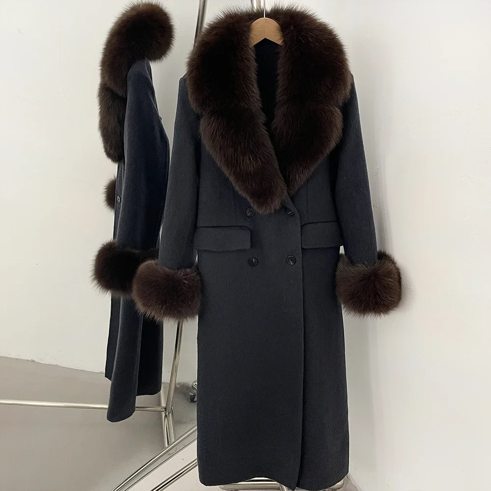 OFTBUY Großer Natürlicher Pelzkragen Doppelreihiger Langer Damen-Wollmantel Winter Warmer Dicker Schlanker Wollmantel mit Echtpelz – Detail 21