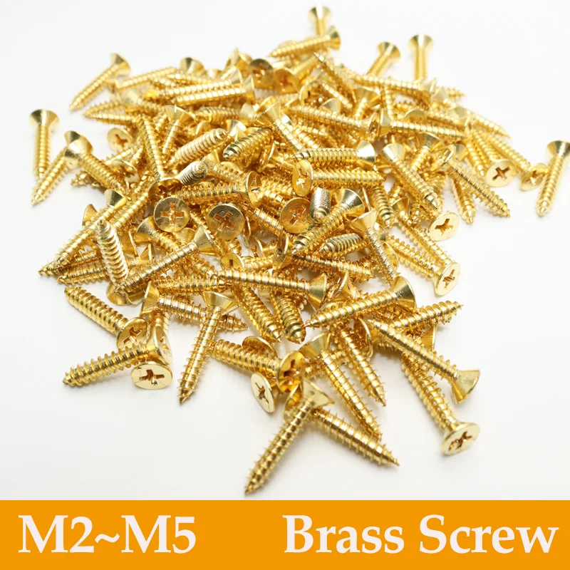 Neue reine Messing-Waschbecken-Senkkopf-Phillips-flache selbstschneidende Schrauben M2 M3 M3,5 M4 M5 Gewinde goldene Schrauben Holzbrettmöbel