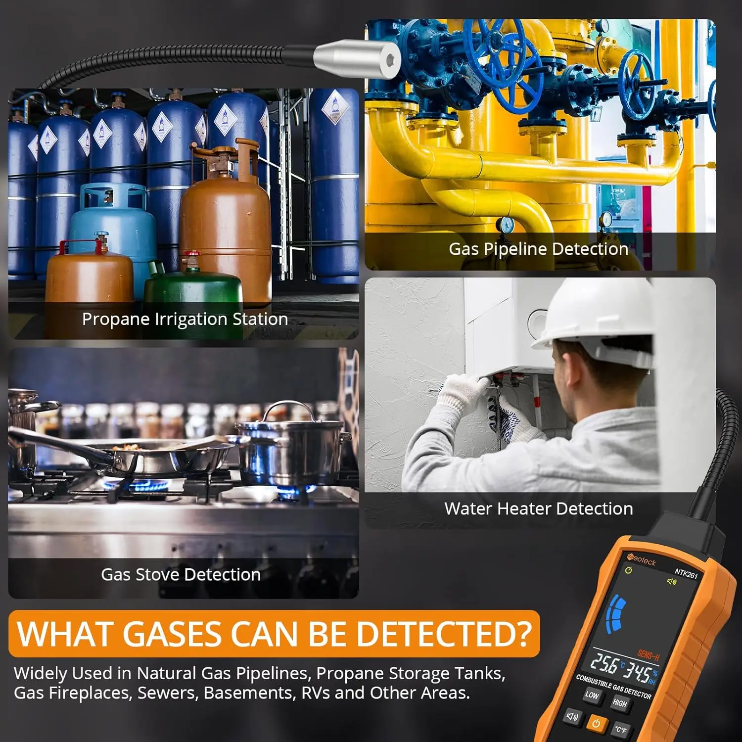 كاشف تسرب الغاز Neoteck، 12 معقوفة، إنذار مسموع ومرئي، اختبارات الميثان/البروبان/البنزين/الغاز الطبيعي، لخطوط الأنابيب/المواقد