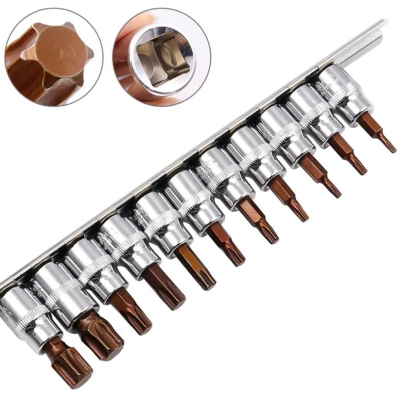 3/8" 1/4" Star Hexagonal Torx Bit Socket Vanadium Steel Wrenches Nut Driver Drill Bit Sleeve Tools 11Pcs