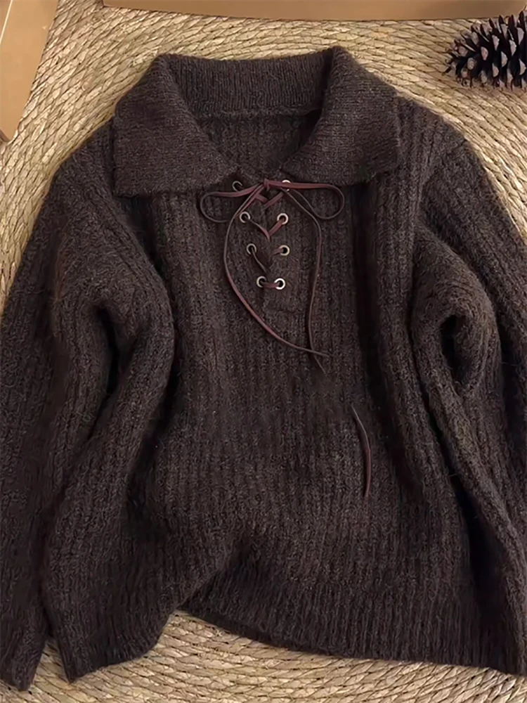 Sweter retro z kołnierzykiem, sznurowany, w stylu koreańskim, z długim rękawem, gruby, dzianinowy, jesienno-zimowy, luźny, termiczny, damski pulower
