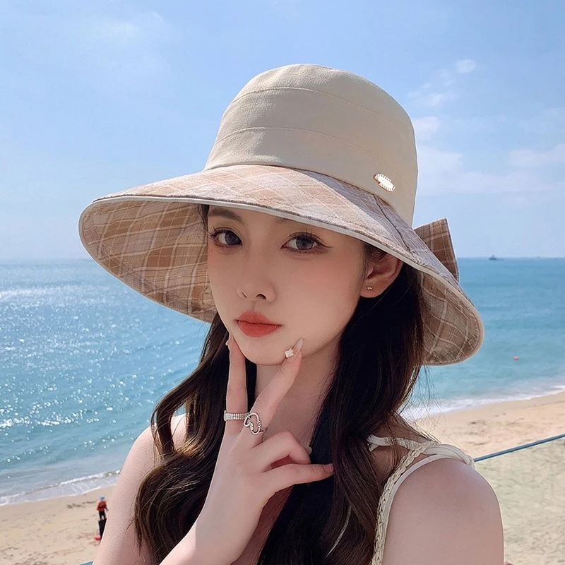 Summer Women Outdoor Travel Sun Protection Shade Hat Version Bow Wide Brim Fisherman's Hat Breathable Panama Bucket Cap Gorras