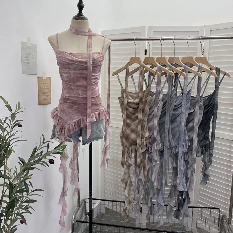 High-quality Hot-selling Wholesale Scarf Ribbon Gradient-printed Irregular Ruffle Mesh Camisole Dangling Neckline Sleeveless Top