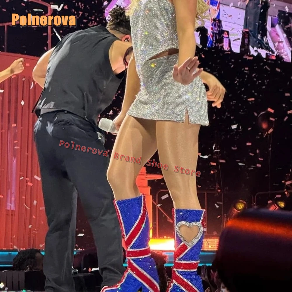 حجر الراين كابوس منصة أحذية الموضة جولة تو سميكة وحيد انتهاء الصلاحية نمط الجوف خارج على شكل قلب حذاء برقبة للركبة 2025 #4