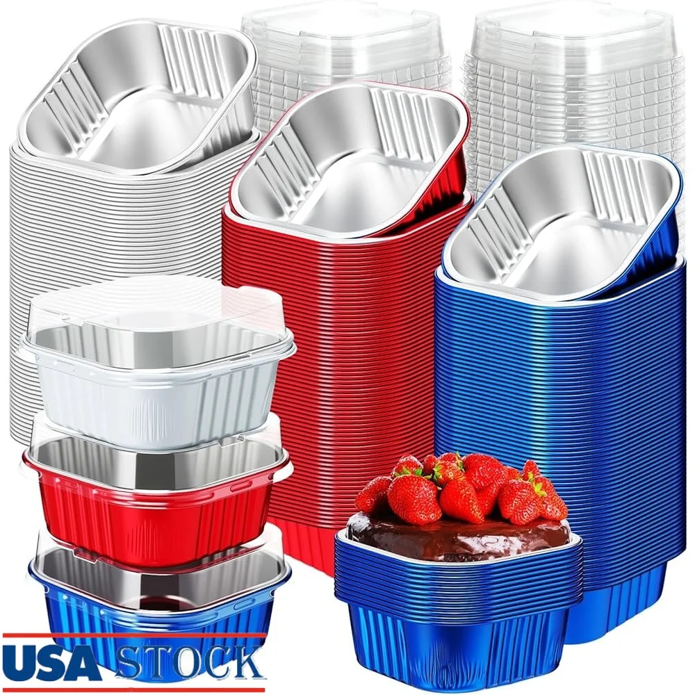 

300 Pcs Aluminum Foil Mini Cake Pans with Lids Disposable Baking Cups Independence Day Party Baking Tins High Temperature