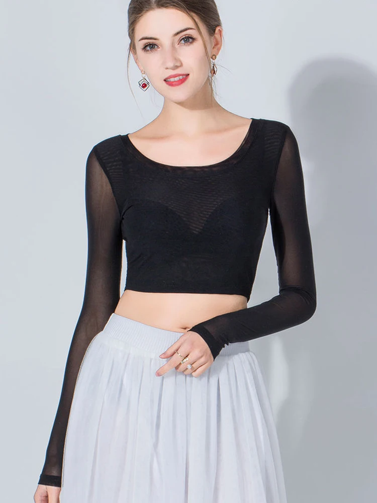 

Autumn Sexy Mesh Crop Top Women See-through Net Shirt Long Sleeve Black Lace Slim Fitted Transparent Shirts For Female Sheer Top