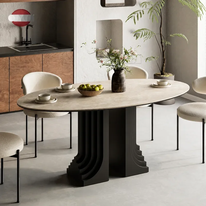 Mocha Oval Dining Table Travertine Rock Slab Luxury Style 2026 New Anti Seepage Anti Scratch Anti Scalding Surface for Home