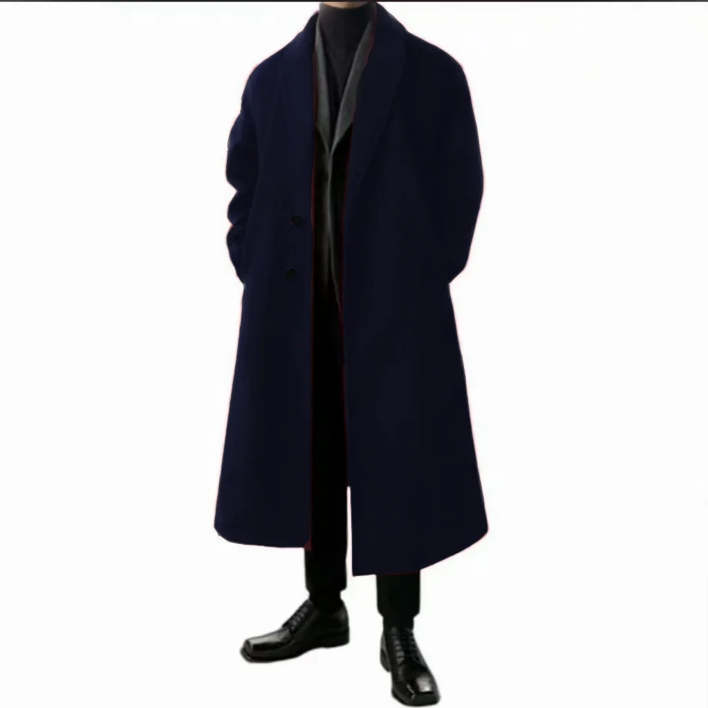 Warm Woolen Coats for Man，Belted, Adjustable, Long Coat Jacket，Single-breasted, Full Placket，Suitable for Everyday Life