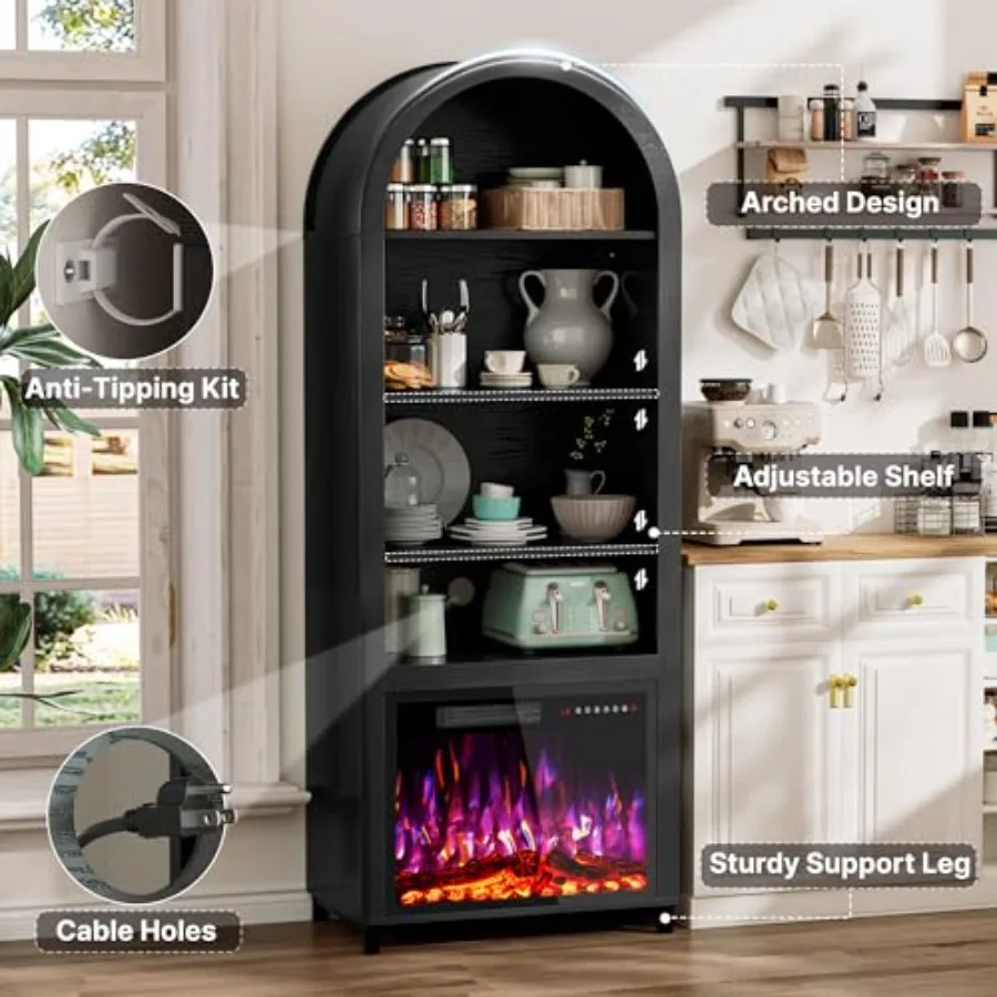 Mobiletto ad arco 2in1 con camino elettrico per soggiorno e cucina Libreria in legno nero con ripiani regolabili 71 alti O