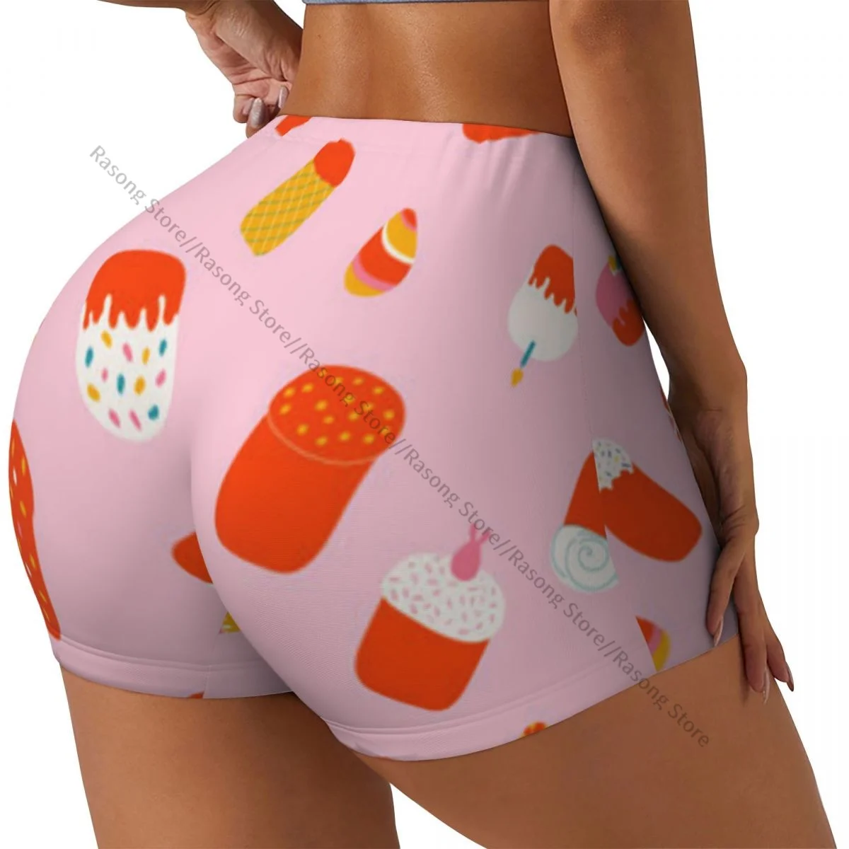 여성용 스판덱스 요가 반바지 케이크와 계란 패턴 운동 부티 반바지