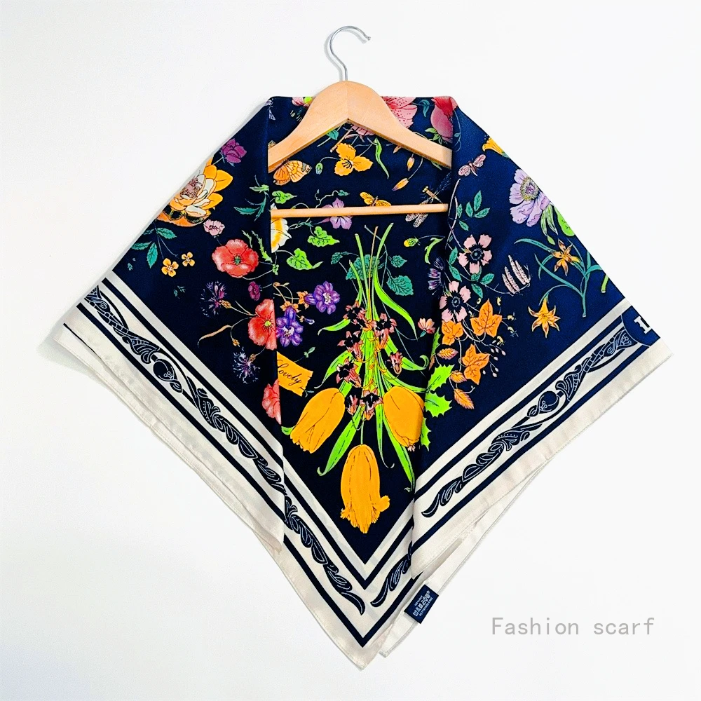 

Floral Black Scarf Women's Square Shawl Wrap Flower Print Fashion Accessories Gift for Her Luxury Flower Shawl