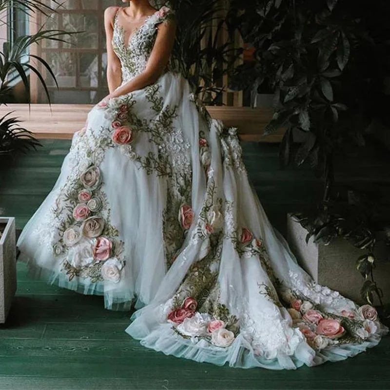 Vestidos de novia largos, ropa de noche con flores de encaje 3D, para fiesta y graduación, 2022