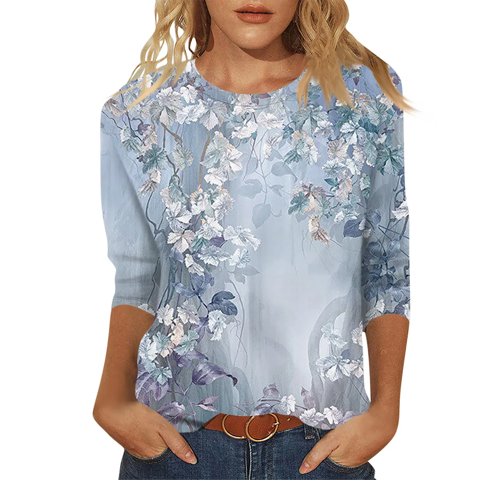 2025 spring casual fashion loose printed T-shirt ladies casual round neck long rendering elegant and beautiful tops for women