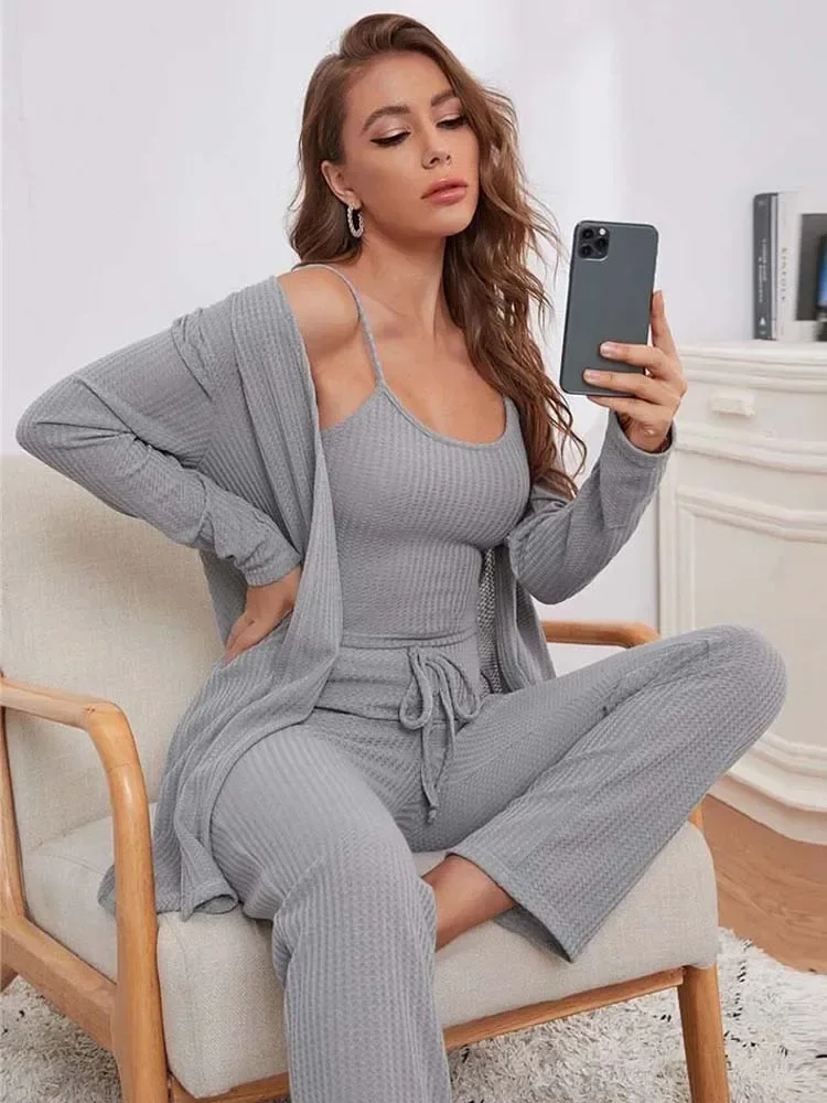 Solid Plaid Knitted Pajama Sets Women Autumn Sexy 3 Pcs Sets Casual Home Wear Sleeveless Tank Crop Long Cardigan and Pantsuit