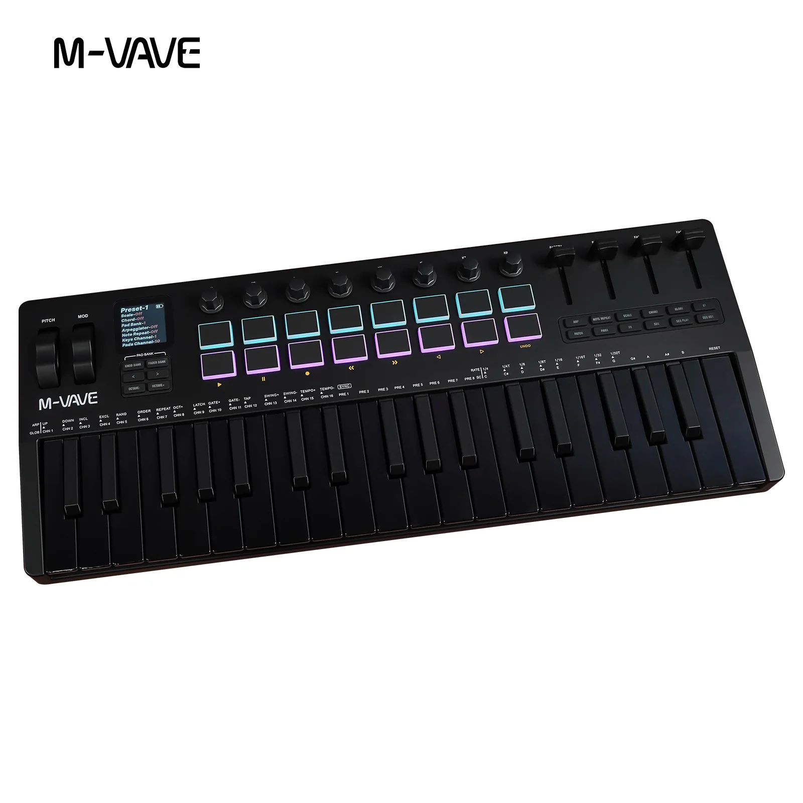 وحدة تحكم M-VAVE SMK-37 PRO ذات 37 مفتاحًا USB MIDI باللون الأسود، و16 وسادات RGB و8 مقابض تدعم تشغيل البرنامج لـ WINDOWS MAC IOS Android