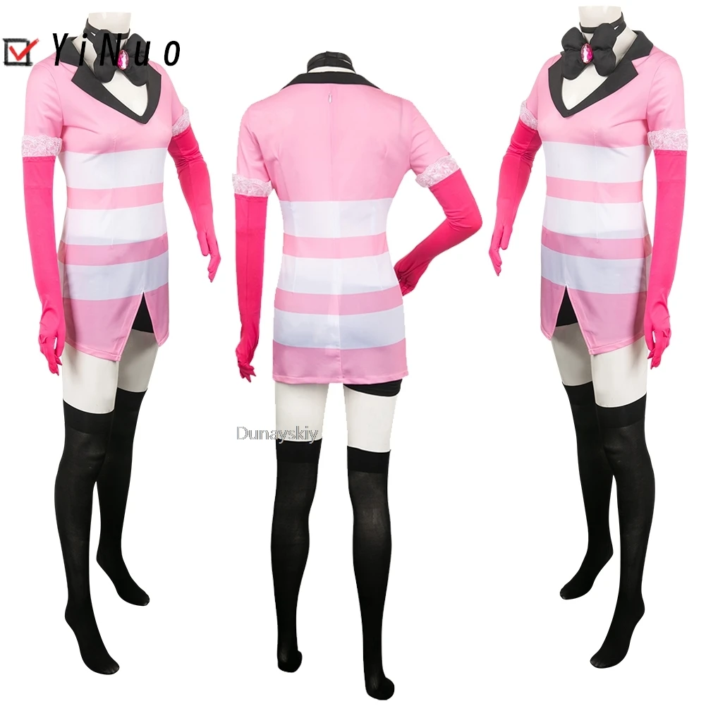 Engel Staub Cosplay Fantasie Anime Cartoon Hotel Verkleidung Kostüm Handschuhe Fliege rosa Kleid Outfit Frauen Halloween Rollenspiel Stoff